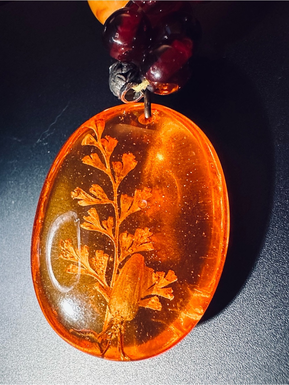 Amber-Effect Oval Pendant Necklace with Botanical and Insect Inclusion